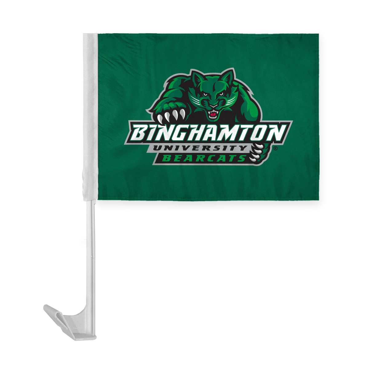 AGAS Binghamton University Economy Car Flag 12 x 16 inch – Single Sided Printed Polyester BU Bearcats Mascot and Wordmark Design – Official NCAA Binghamton Bearcats Car Flag – Vehicle Mount with 17 inch Flex Pole and Closed Top Sleeve
