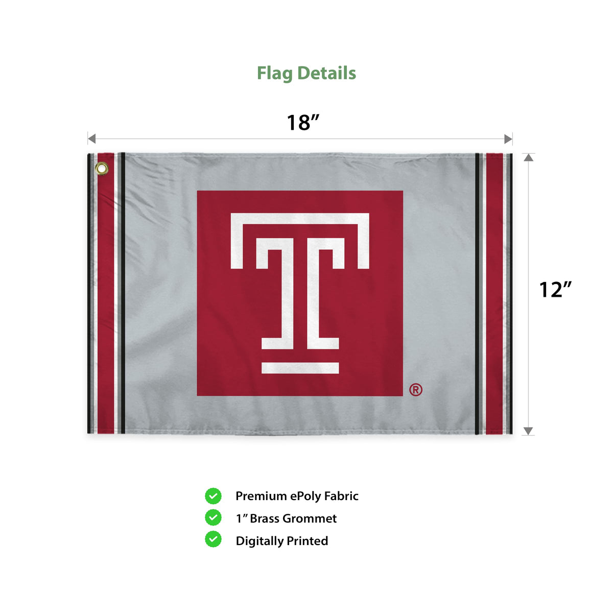 AGAS Temple University Block T Swirler Flag 12 x 18 inch – Single Sided Printed ePoly 1 Ply with Bleed Through – Officially Licensed NCAA Product – Temple Owls Swivel Flag with 1.5 inch Canvas Header, Brass Grommets and Stitched Edges