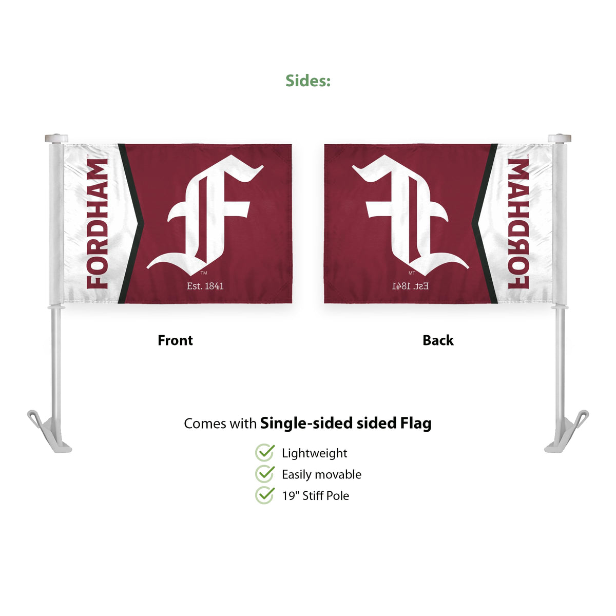 AGAS Fordham University Car Flag 10.5 x 15 inch – Single Sided Printed Wrap Knitted Polyester Fordham Rams Flag with F Logo – Official NCAA Product – Fordham University Vehicle Flag with 19 inch Stiff Pole and 1 inch Sleeve
