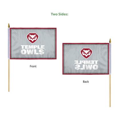 AGAS Temple Owls Text and Owl Logo Stick Flag 12 x 18 inch – Single Sided Printed Polyester with Bleed Through – Officially Licensed NCAA Product – Temple Owls Hand Flag with 24 inch Wood Pole and Gold Spear Top