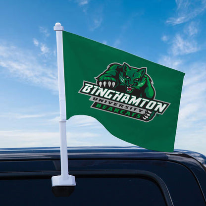 AGAS Binghamton University Premium Car Flag 10.5 x 15 inch – Single Sided Printed Wrap Knitted Polyester BU Bearcats Mascot and Wordmark Design – Official NCAA Binghamton Bearcats Car Flag – Vehicle Mount with 19 inch Stiff Pole and 1 inch Sleeve