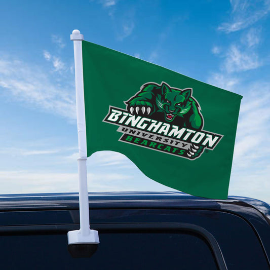 AGAS Binghamton University Premium Car Flag 10.5 x 15 inch – Single Sided Printed Wrap Knitted Polyester BU Bearcats Mascot and Wordmark Design – Official NCAA Binghamton Bearcats Car Flag – Vehicle Mount with 19 inch Stiff Pole and 1 inch Sleeve