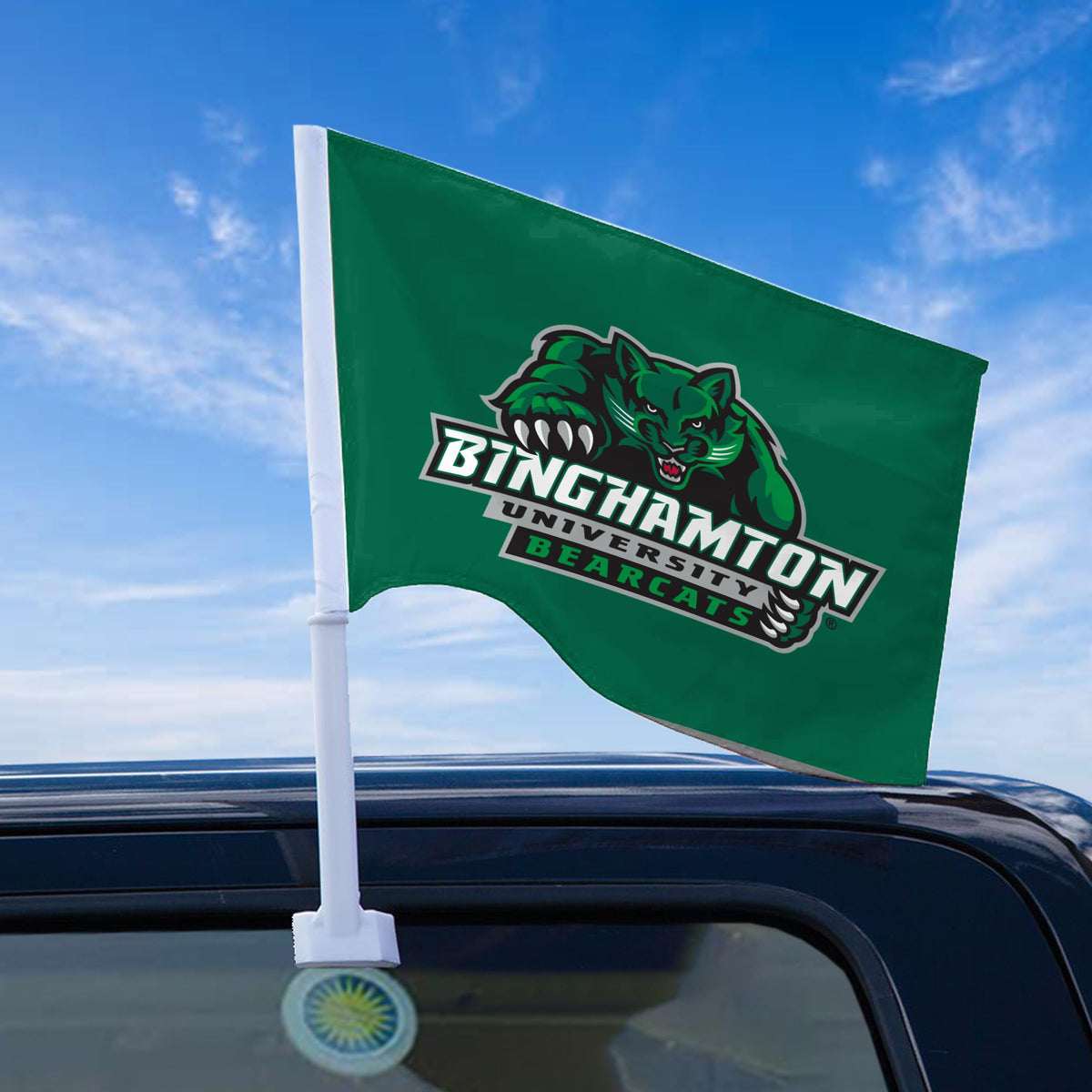 AGAS Binghamton University Economy Car Flag 12 x 16 inch – Single Sided Printed Polyester BU Bearcats Mascot and Wordmark Design – Official NCAA Binghamton Bearcats Car Flag – Vehicle Mount with 17 inch Flex Pole and Closed Top Sleeve