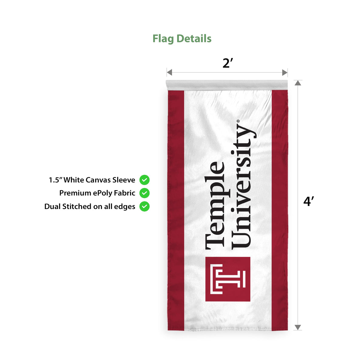 AGAS Temple University Text Vertical Banner 2 x 4 ft – Single Sided Printed Polyester with Bleed Through – Officially Licensed NCAA Product – Temple Owls Hanging Banner with 1.5 inch Pole Sleeve and Reinforced Stitching Individually Bagged