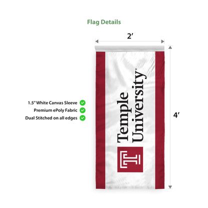 AGAS Temple University Text Vertical Banner 2 x 4 ft – Single Sided Printed Polyester with Bleed Through – Officially Licensed NCAA Product – Temple Owls Hanging Banner with 1.5 inch Pole Sleeve and Reinforced Stitching Individually Bagged