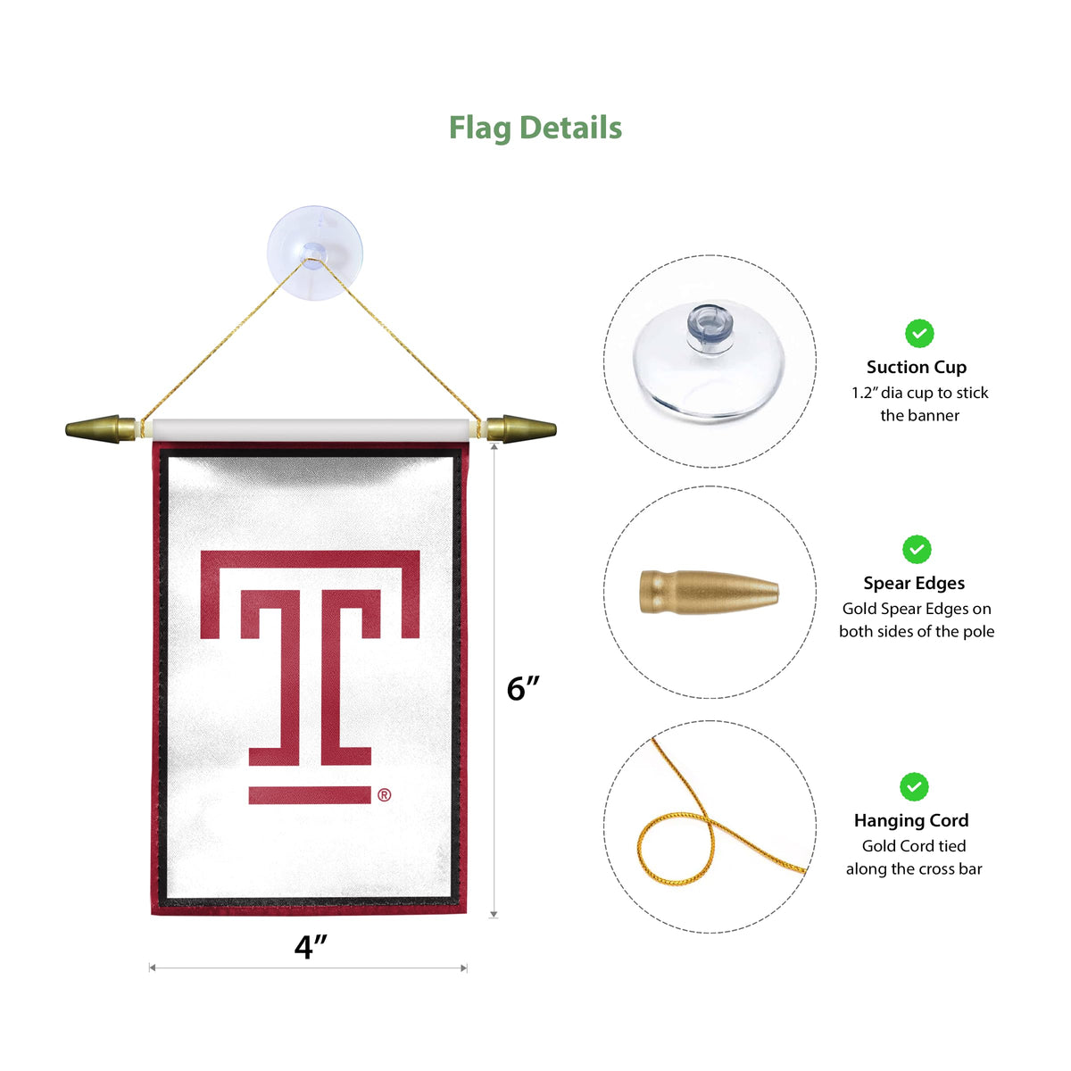 AGAS Temple University T Logo Mini Banner 4 x 6 inch – Single Sided Printed Satin – Officially Licensed NCAA Product – Temple Owls Hanging Banner with Cross Bar, Hanging Cord and Suction Cup Individually Bagged