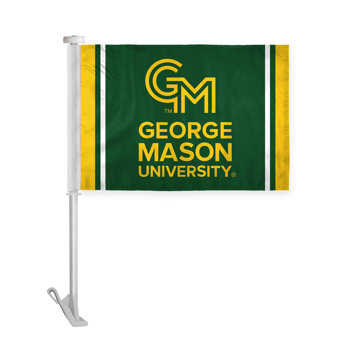 AGAS Double-Sided George Mason GMU Patriots Car Flag - 10.5x15 inch Printed Wrap Knitted Polyester - 19" Unbreakable Plastic Pole - Auto Flags