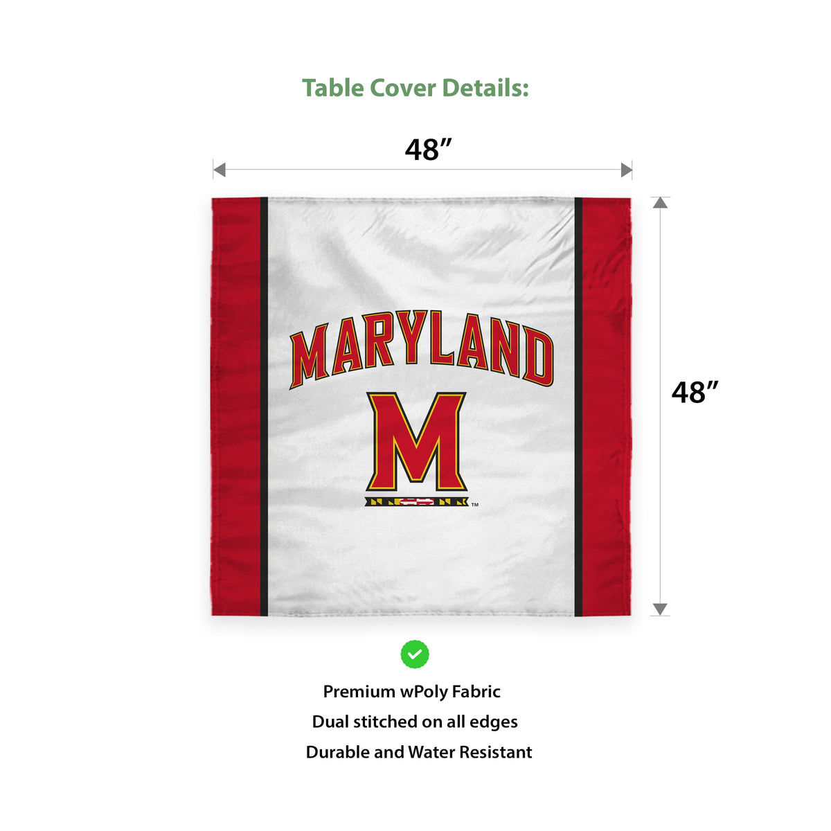 Maryland UMD University Tablecover, 48in. Wide x 48in. Long, Polyester, Party supplies, Terps tablecloth for Graduation, football tailgating, and birthday party decorations