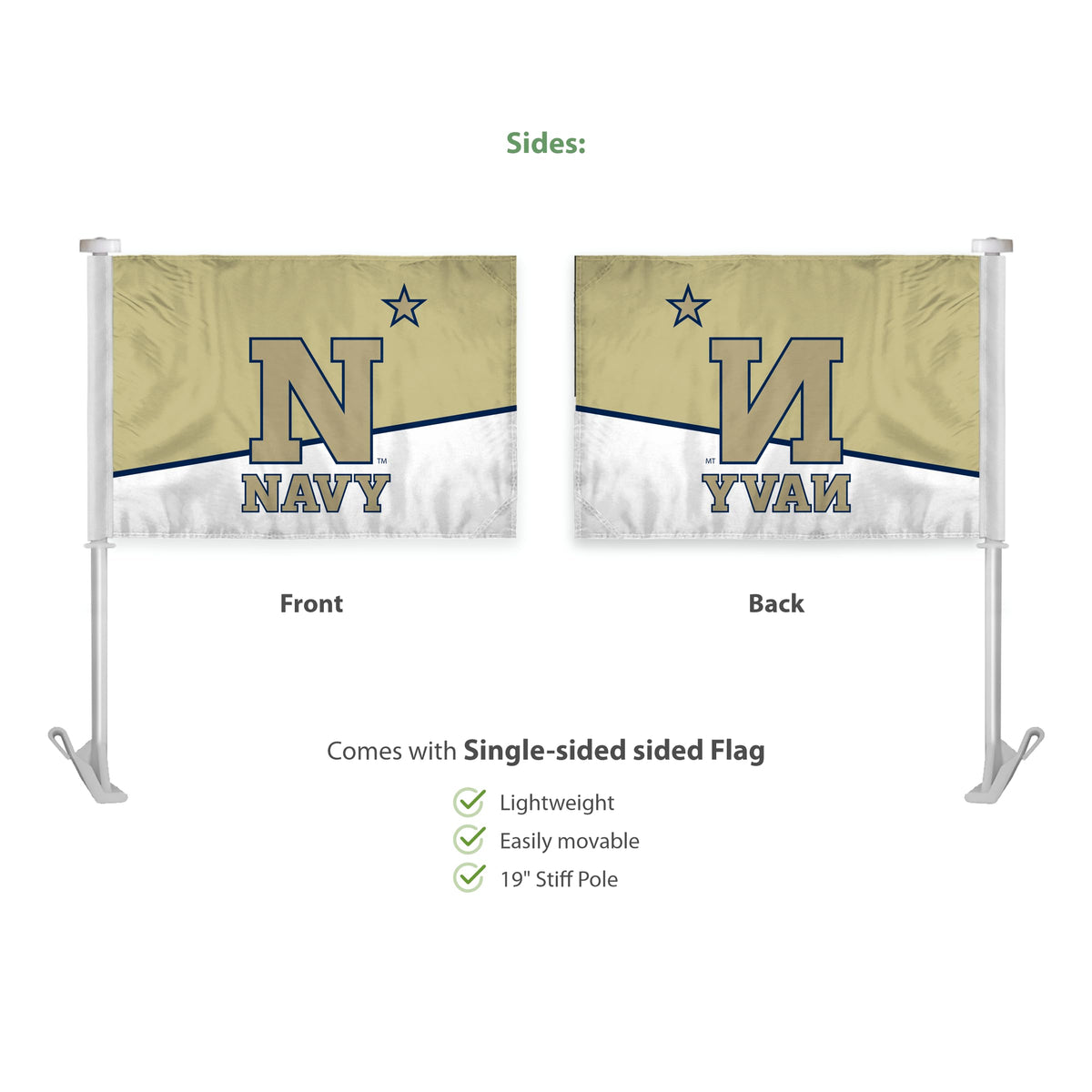 AGAS US Naval Academy Car Flag - 10.5x15 inch Double-Sided Printed Wrap Knitted Polyester - 19" Unbreakable Plastic Pole - Auto Flags