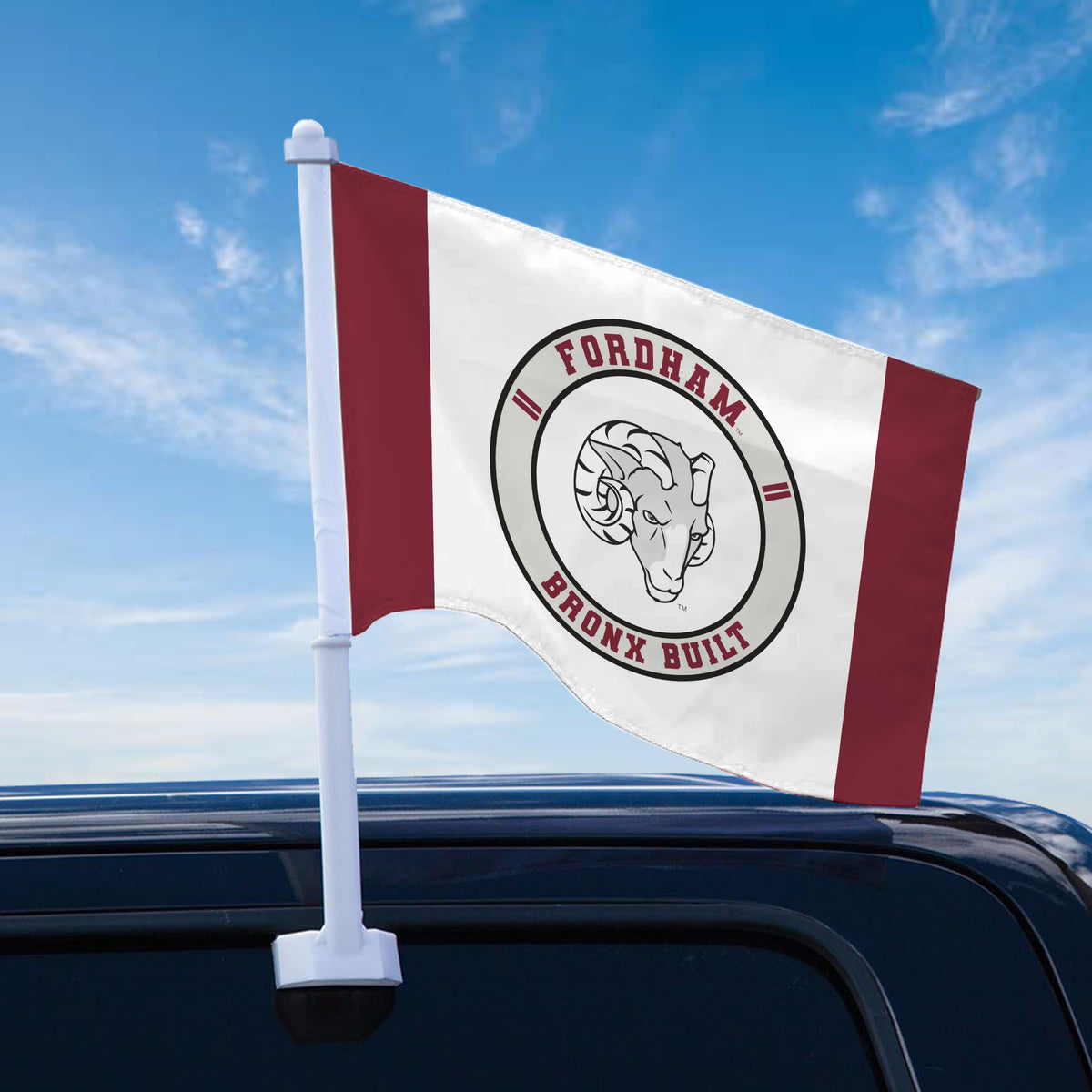 AGAS Fordham University Premium Car Flag 10.5 x 15 inch – Single Sided Printed Wrap Knitted Polyester Fordham Rams Flag Bronx Built Design – Official NCAA Product – Fordham University Vehicle Flag with 19 inch Stiff Pole and 1 inch Sleeve