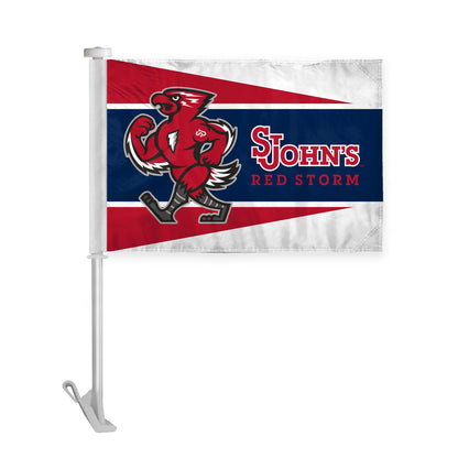 AGAS St. John's University Premium Car Flag 10.5 x 15 inch – Single Sided Printed Wrap Knitted Polyester SJU Red Storm Mascot Design – Official NCAA Red Storm Car Flag – Vehicle Mount with 19 inch Stiff Pole and 1 inch Sleeve