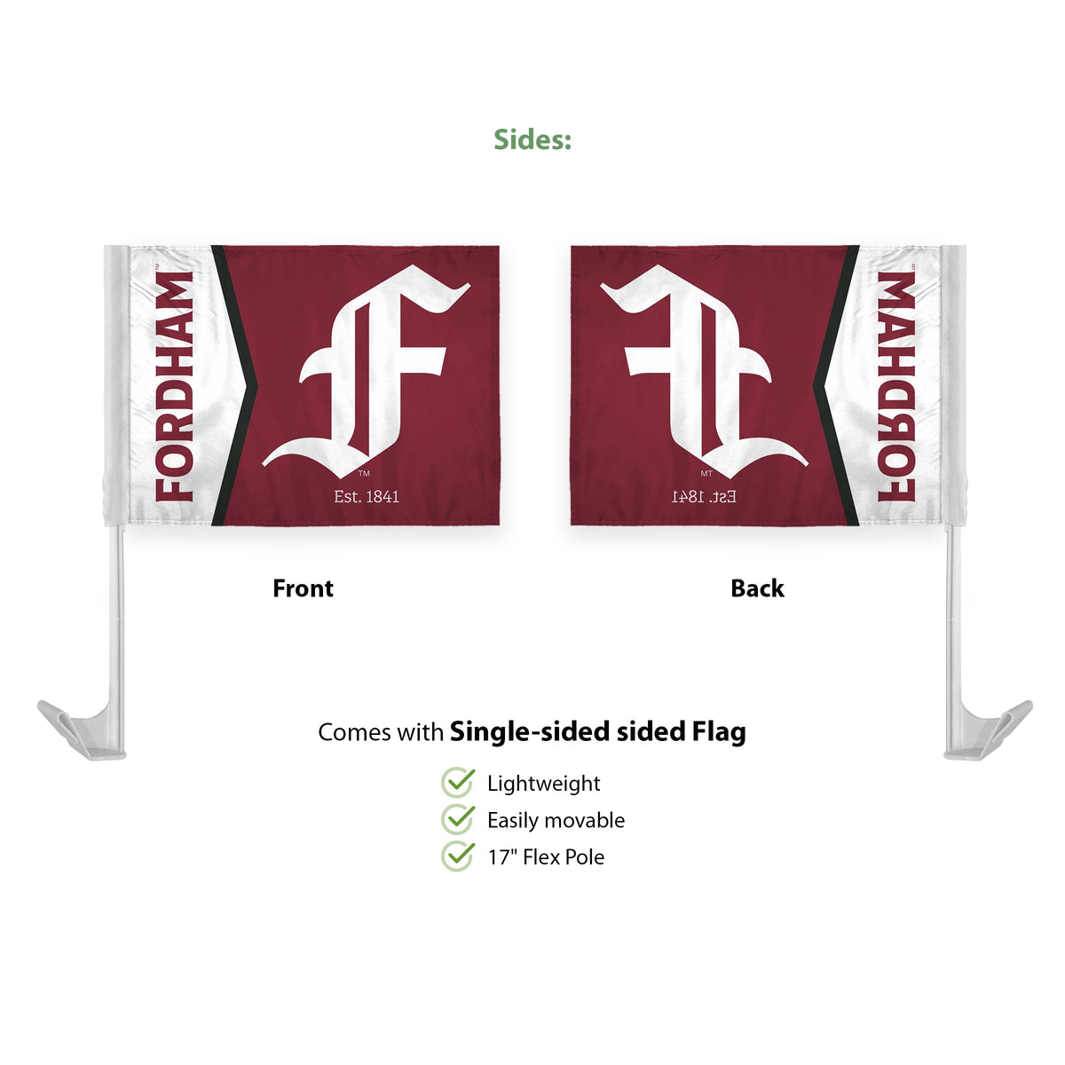 AGAS Fordham University Economy Car Flag 12 x 16 inch – Single Sided Printed Polyester Fordham Rams Flag with F Logo – Official NCAA Product – Fordham University Vehicle Flag with 17 inch Flex Pole and 1 inch Closed Top Sleeve