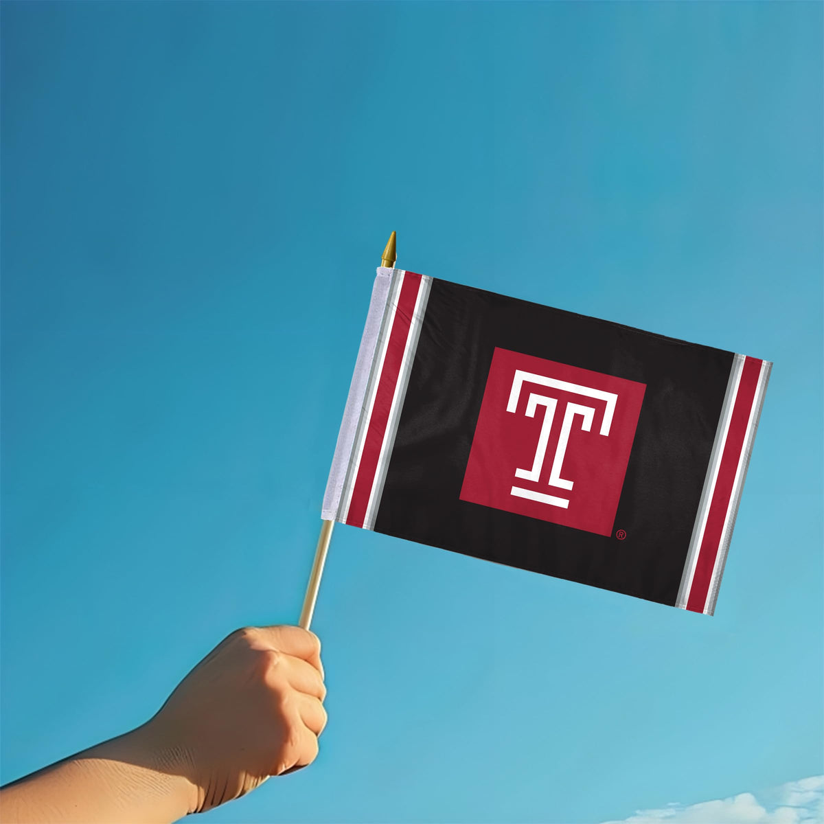 AGAS Temple University Block T Logo Stick Flag 12 x 18 inch – Single Sided Printed Polyester with Bleed Through – Officially Licensed NCAA Product – Temple University Hand Flag with 24 inch Wood Pole and Gold Spear Top