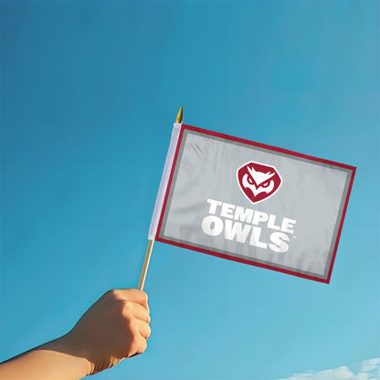 AGAS Temple Owls Text and Owl Logo Stick Flag 12 x 18 inch – Single Sided Printed Polyester with Bleed Through – Officially Licensed NCAA Product – Temple Owls Hand Flag with 24 inch Wood Pole and Gold Spear Top