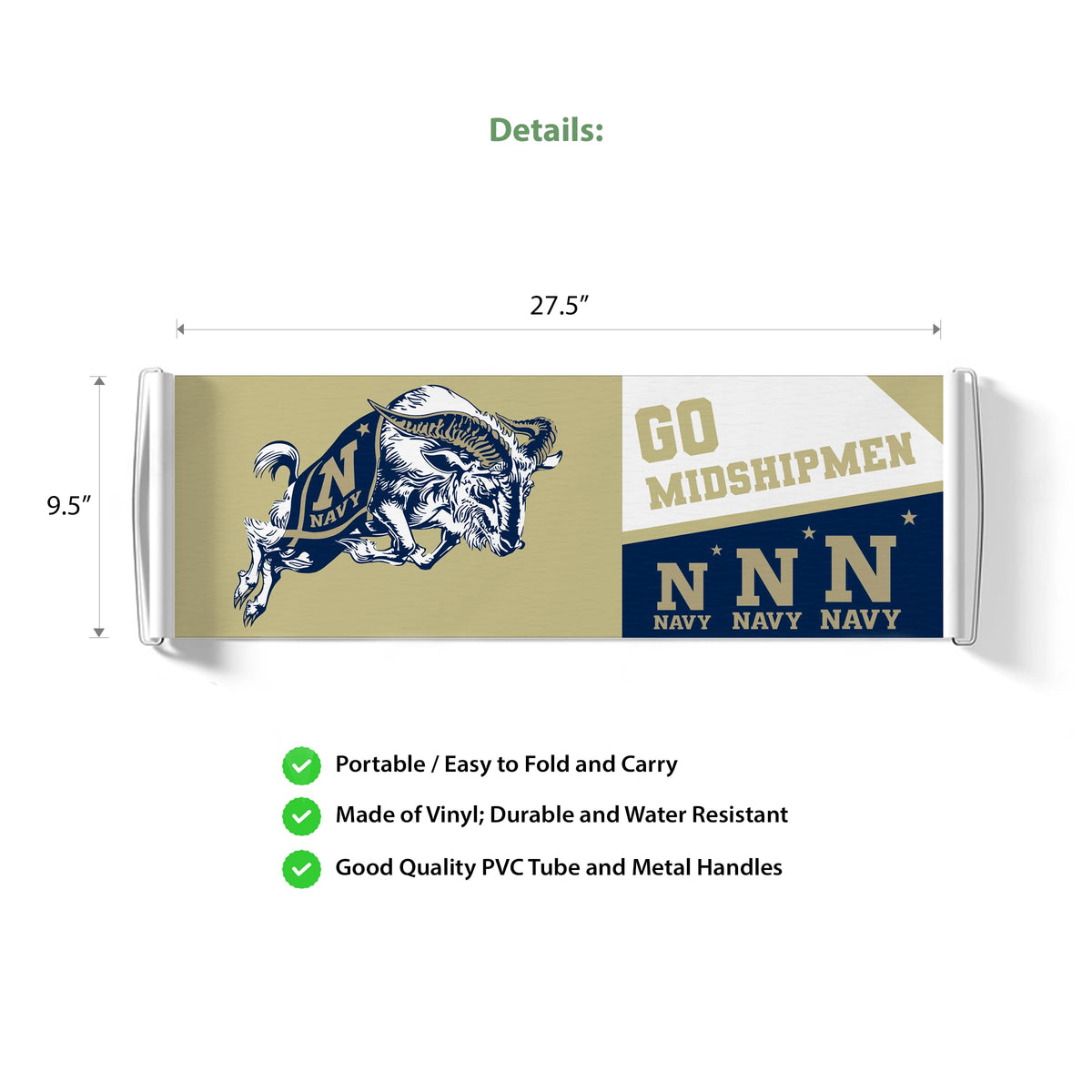 AGAS Go Navy Midshipmen Jumping Bill the Goar Mascot Retractable Scroll Banner - Naval Academy Rolla Banner