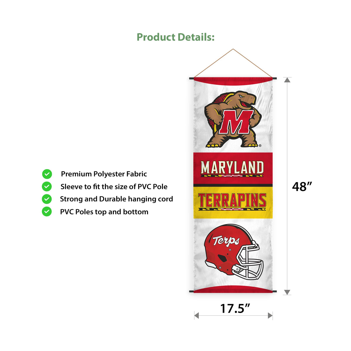 AGAS Maryland UMD University Banner Scroll Sign 17.5" × 48" with Hanging Cord – Polyester Terps Wall Banner