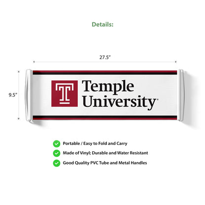 AGAS Temple University Wordmark Logo Scroll Banner 9.5 x 27.5 inch – Single Sided Printed Vinyl 1 Ply – Officially Licensed NCAA Product – Temple Owls Roll Up Banner with PVC Tube and Handles