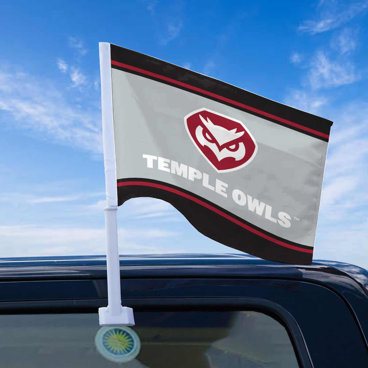 AGAS Temple Owls Text and Owl Logo Economy Car Flag 12 x 16 inch – Single Sided Printed Polyester with Bleed Through – Officially Licensed NCAA Product – Temple University Vehicle Flag with 17 inch Flex Pole and 1 inch Closed Top Sleeve