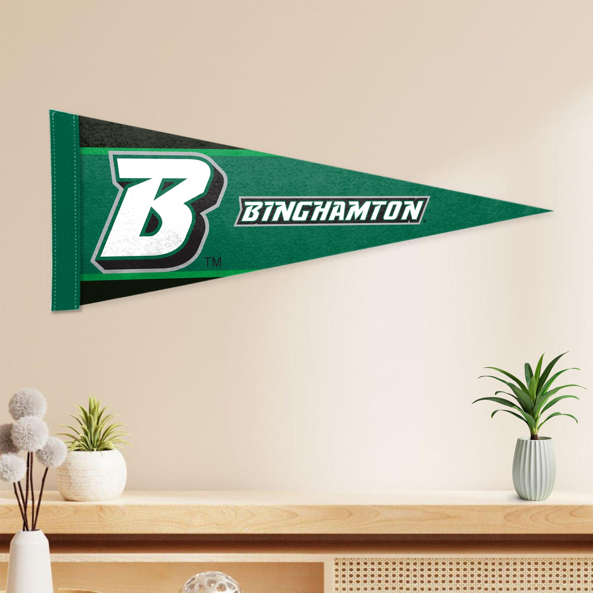 AGAS Binghamton University Felt Pennant 12 x 30 inch – Single Sided Printed Acrylic Stiff Felt Binghamton Block B Logo Design – Official NCAA Binghamton Bearcats Decor – Wall Pennant with Header and Heat Cut Edges