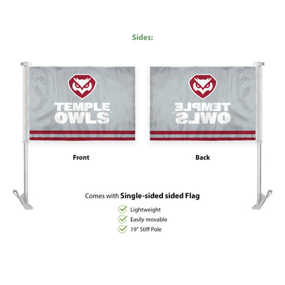 AGAS Temple Owls Text and Owl Logo Premium Car Flag 10.5 x 15 inch – Single Sided Printed Wrap Knitted Polyester with Bleed Through – Officially Licensed NCAA Product – Temple University Vehicle Flag with 19 inch Stiff Pole and 1 inch Sleeve