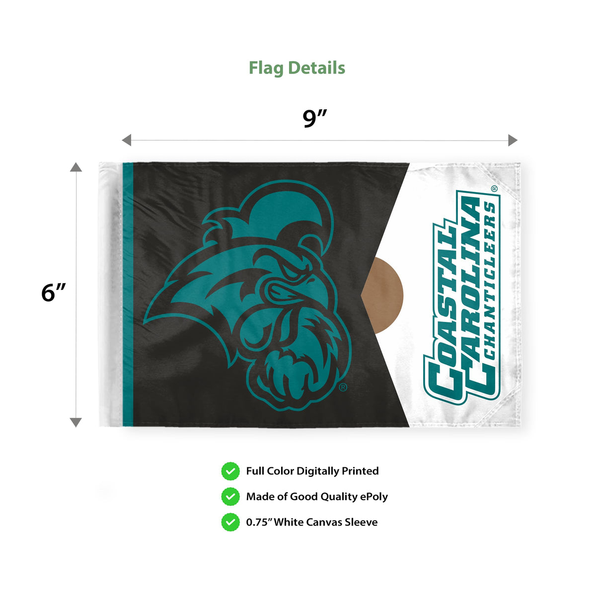 AGAS Coastal Carolina CCU Chanticleers Motorcycle Flag 6 x 9 Polyester – 3/8" Pole Sleeve – Flag Only - CCU Bike Flags