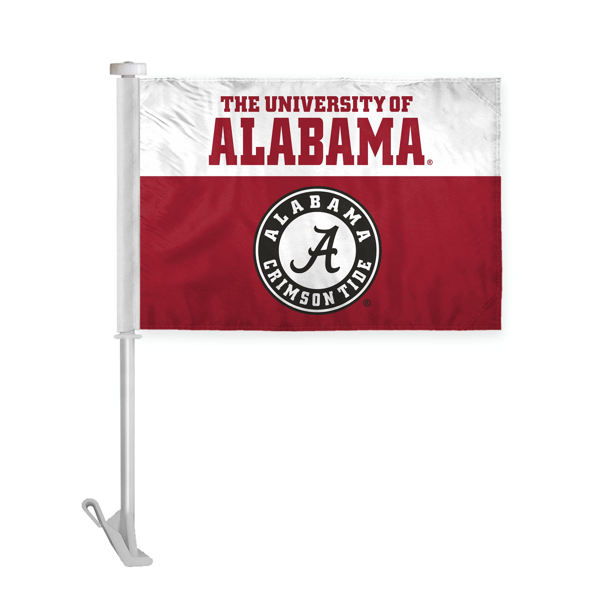 AGAS NCAA Alabama University Crimson Tide Circle Logo Car Flag - 10.5" x 15", Unbreakble 19" Stiff Pole Hooks onto Car, Truck, Automobile, College Team Logo