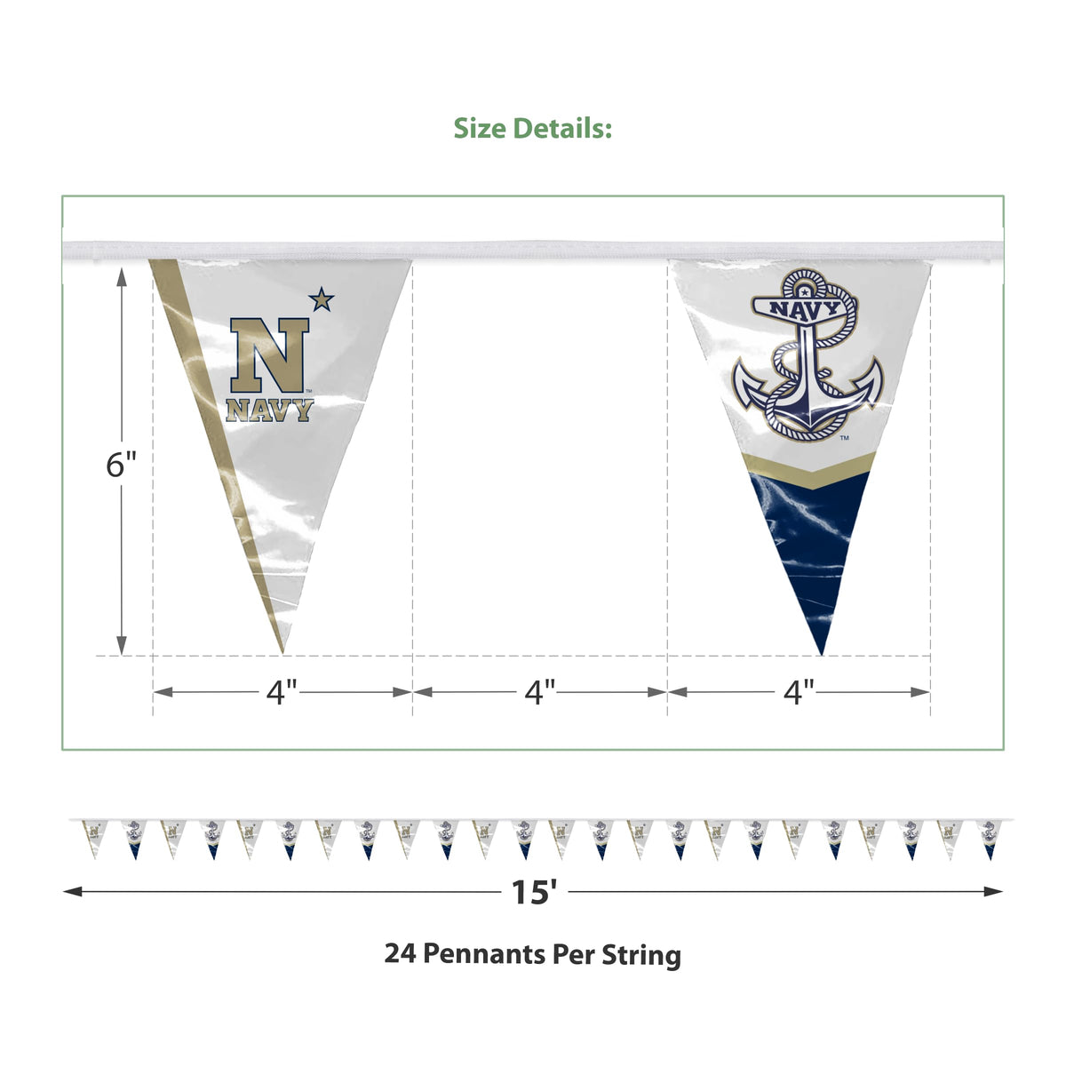 AGAS 15' US Navy Midshipmen Pennant Banner, Navy Triangle Flag Bunting Party Decorations, Game Day, Dorms, College Party V-Shaped Streamers, N-Star & Anchor Design