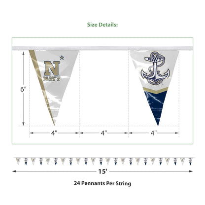 AGAS 15' US Navy Midshipmen Pennant Banner, Navy Triangle Flag Bunting Party Decorations, Game Day, Dorms, College Party V-Shaped Streamers, N-Star & Anchor Design