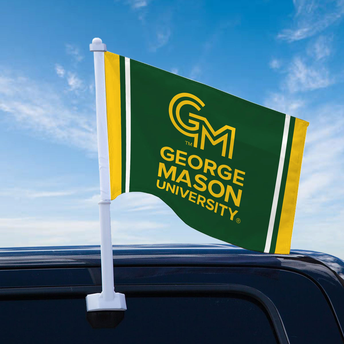 AGAS Double-Sided George Mason GMU Patriots Car Flag - 10.5x15 inch Printed Wrap Knitted Polyester - 19" Unbreakable Plastic Pole - Auto Flags