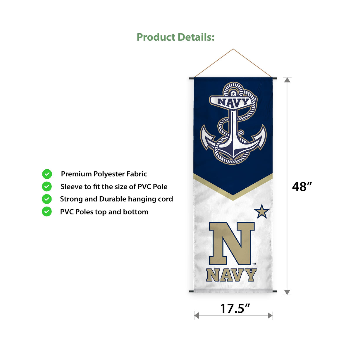 AGAS Naval Academy Anchor Banner Scroll Sign 17.5" × 48" with Hanging Cord – Polyester Midshipmen Wall Banner