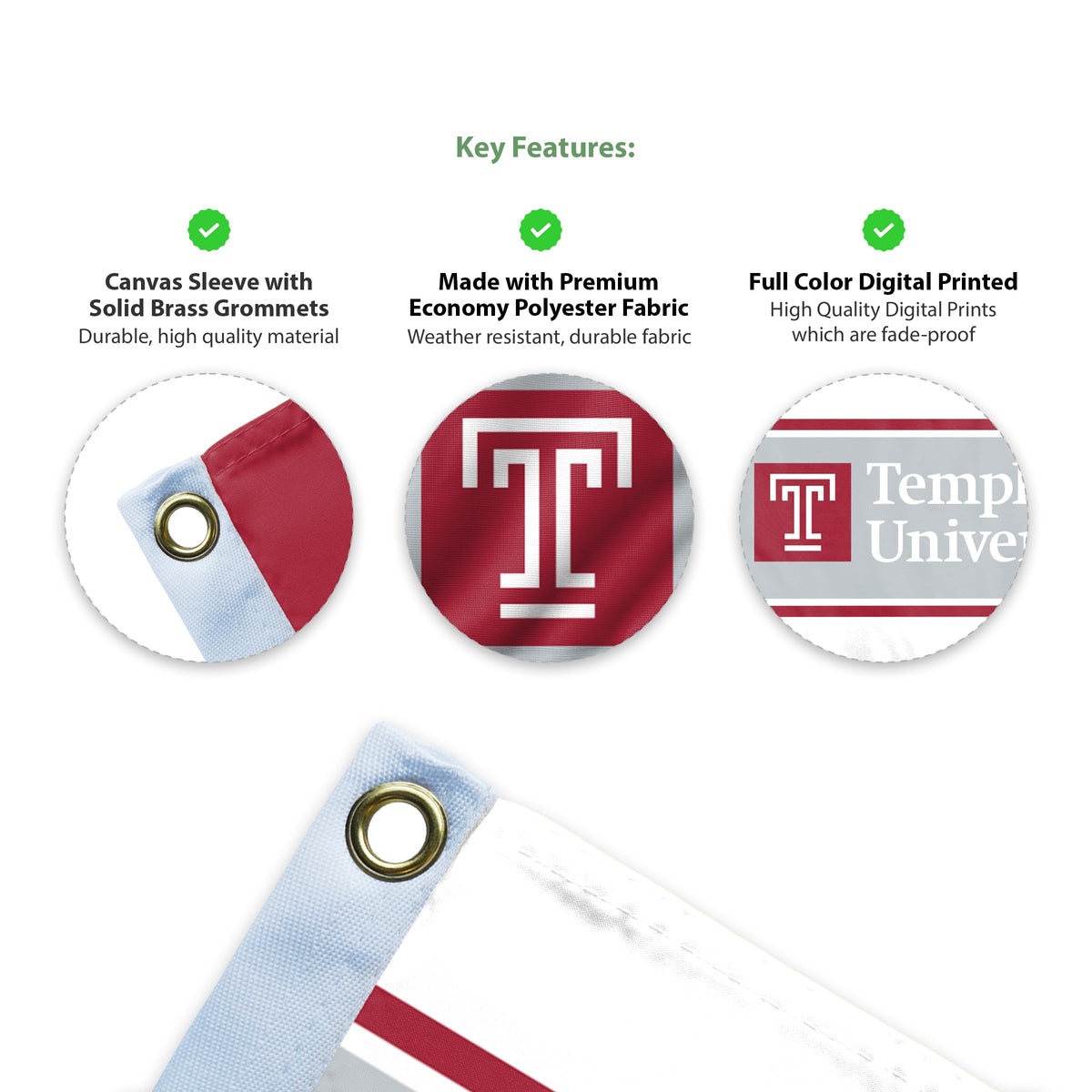 AGAS Temple University Block T and Text Flag 12 x 18 inch – Single Sided Printed Polyester – Officially Licensed NCAA Product – Temple Owls Outdoor Flag with Brass Grommets, Canvas Header and Reinforced Stitched Edges for Indoor Outdoor Display