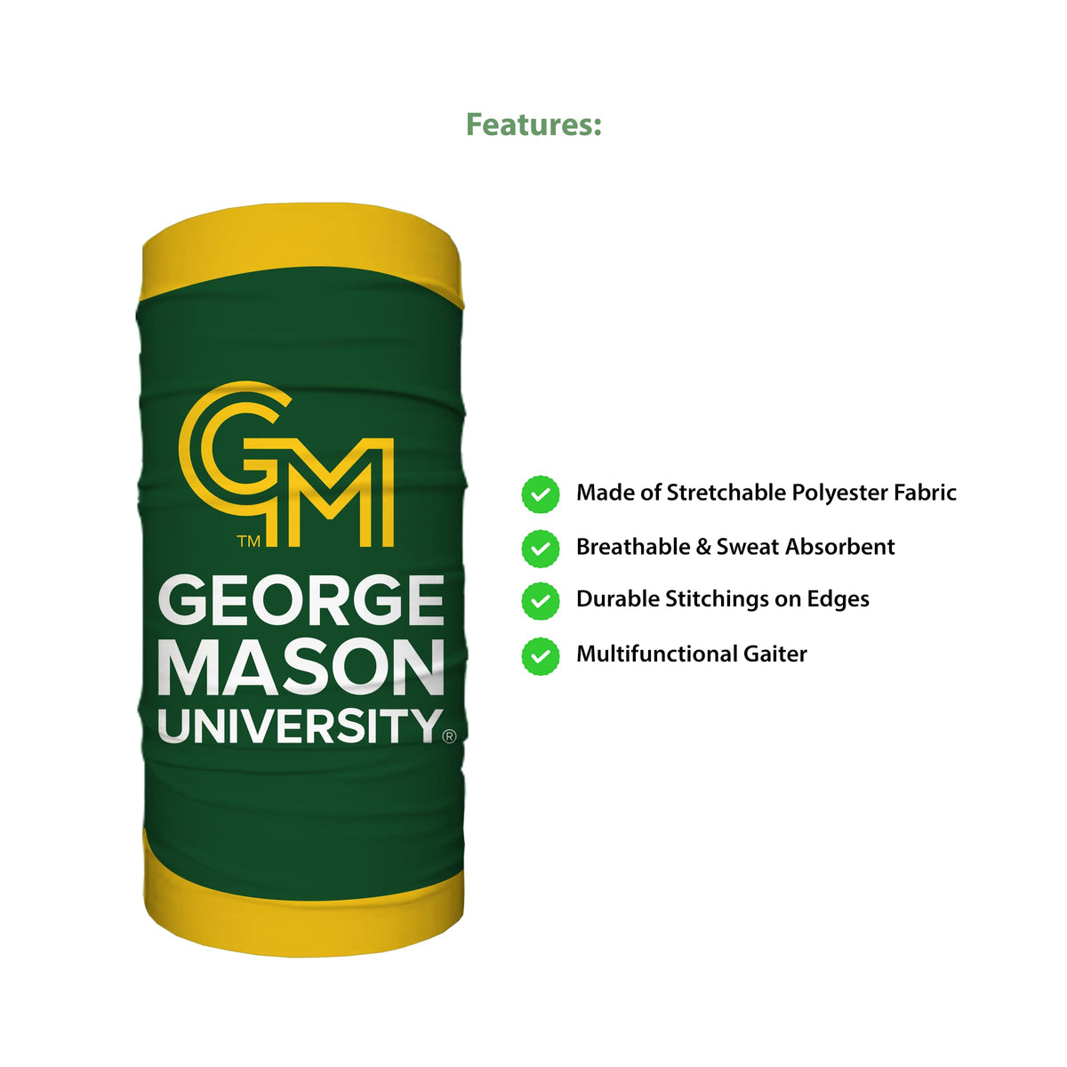 AGAS George Mason GMU University Patriots Neck Gaiter Face Cover, Multiuse Balaclava, Patriots Beanie, Headband, Bandana, Neck Warmer, Running Scarf, Hair Band, Wristband, Officially Licensed GMU Gear