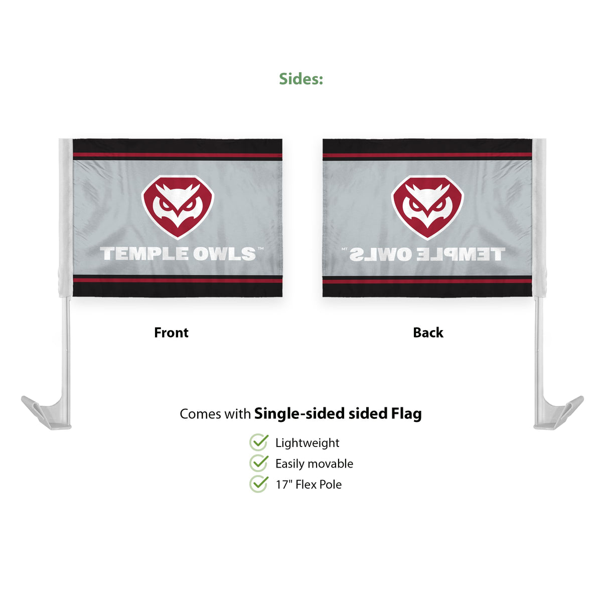 AGAS Temple Owls Text and Owl Logo Economy Car Flag 12 x 16 inch – Single Sided Printed Polyester with Bleed Through – Officially Licensed NCAA Product – Temple University Vehicle Flag with 17 inch Flex Pole and 1 inch Closed Top Sleeve