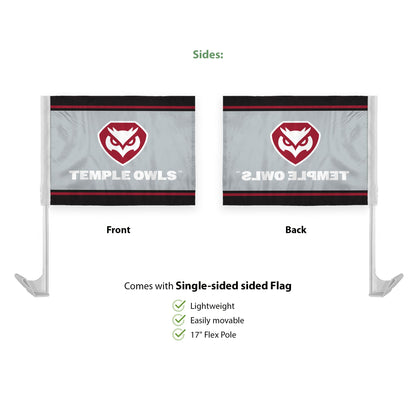 AGAS Temple Owls Text and Owl Logo Economy Car Flag 12 x 16 inch – Single Sided Printed Polyester with Bleed Through – Officially Licensed NCAA Product – Temple University Vehicle Flag with 17 inch Flex Pole and 1 inch Closed Top Sleeve