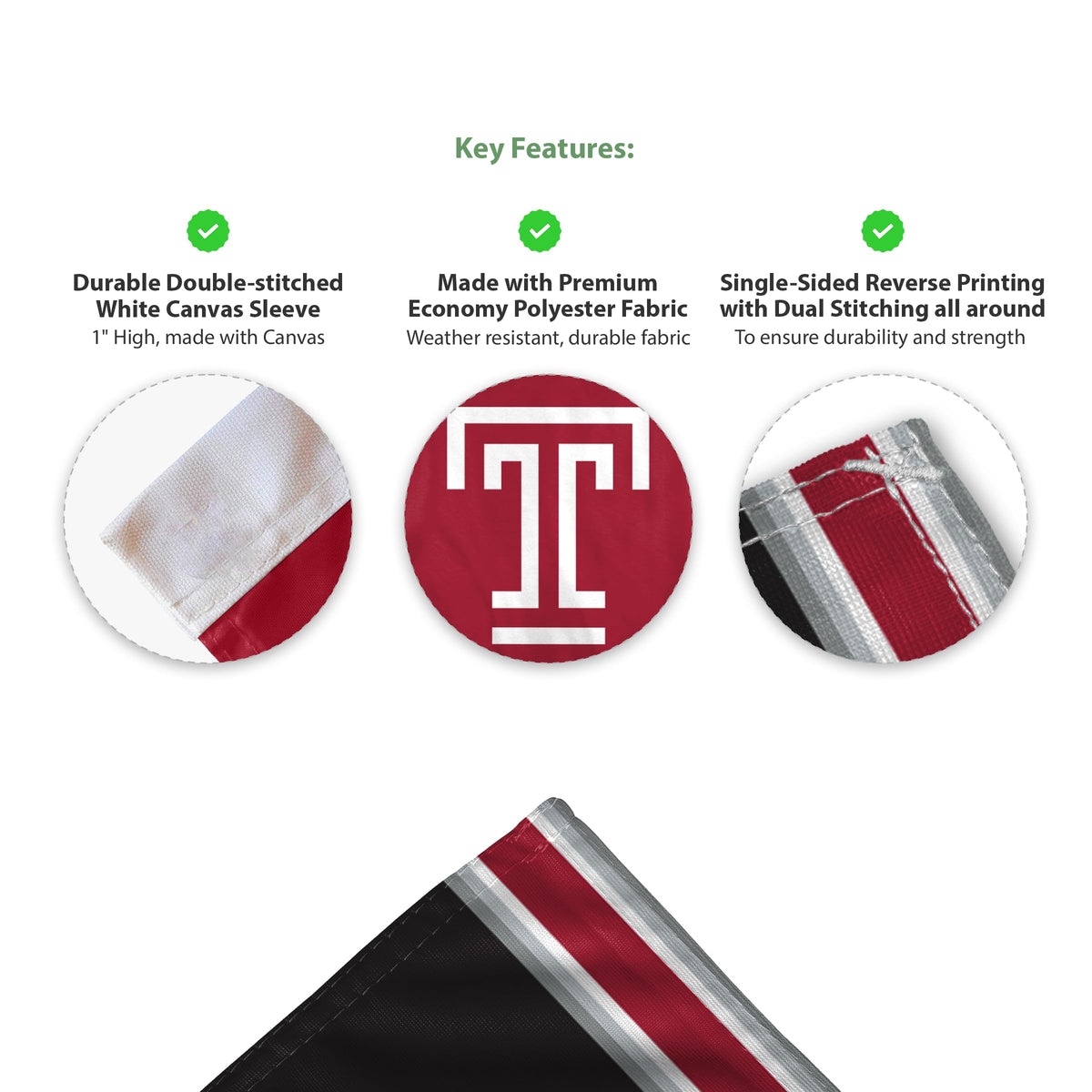 AGAS Temple University T Logo Premium Car Flag 10.5 x 15 inch – Single Sided Printed Wrap Knitted Polyester with Bleed Through – Officially Licensed NCAA Product – Temple Owls Vehicle Flag with 19 inch Stiff Pole and 1 inch Sleeve