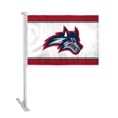 AGAS Stony Brook University Car Flag 10.5 x 15 inch – Single Sided Printed Wrap Knitted Polyester Stony Brook Seawolves Wolf Head Design – Official NCAA SBU Product – Vehicle Mount with 19 inch Stiff Pole and 1 inch Sleeve