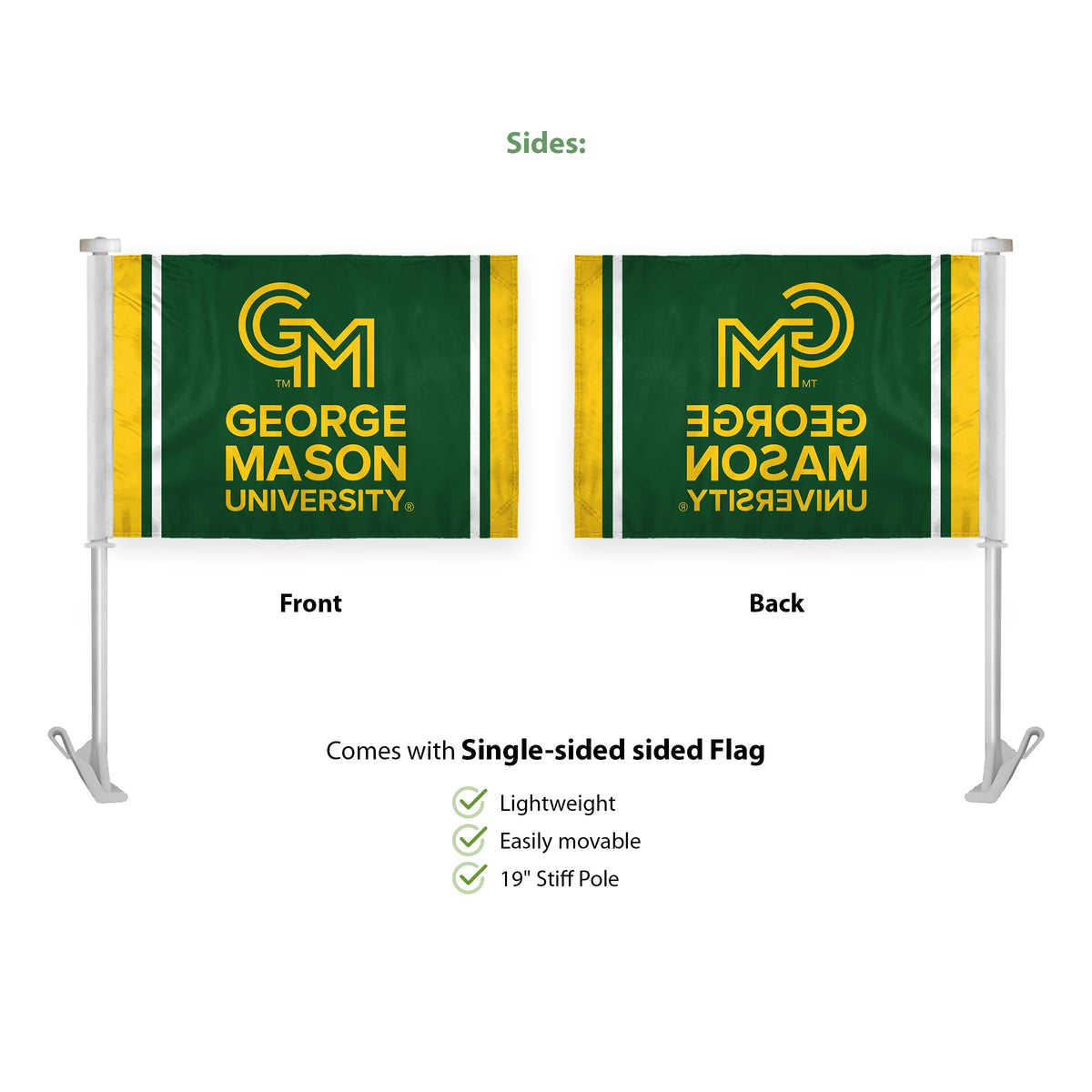 AGAS Double-Sided George Mason GMU Patriots Car Flag - 10.5x15 inch Printed Wrap Knitted Polyester - 19" Unbreakable Plastic Pole - Auto Flags