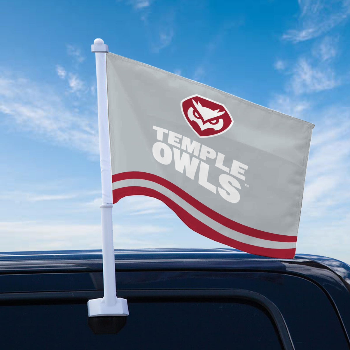 AGAS Temple Owls Text and Owl Logo Premium Car Flag 10.5 x 15 inch – Single Sided Printed Wrap Knitted Polyester with Bleed Through – Officially Licensed NCAA Product – Temple University Vehicle Flag with 19 inch Stiff Pole and 1 inch Sleeve