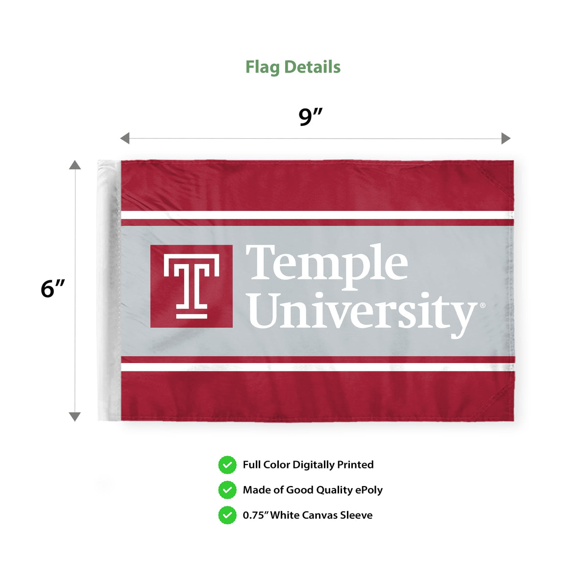 AGAS Temple University Wordmark Motorcycle Flag 6 x 9 inch – Single Sided Printed Polyester with Bleed Through – Officially Licensed NCAA Product – Temple Owls Bike Flag with 0.75 inch Canvas Sleeve and Reinforced Stitching – No Pole Included