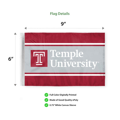 AGAS Temple University Wordmark Motorcycle Flag 6 x 9 inch – Single Sided Printed Polyester with Bleed Through – Officially Licensed NCAA Product – Temple Owls Bike Flag with 0.75 inch Canvas Sleeve and Reinforced Stitching – No Pole Included