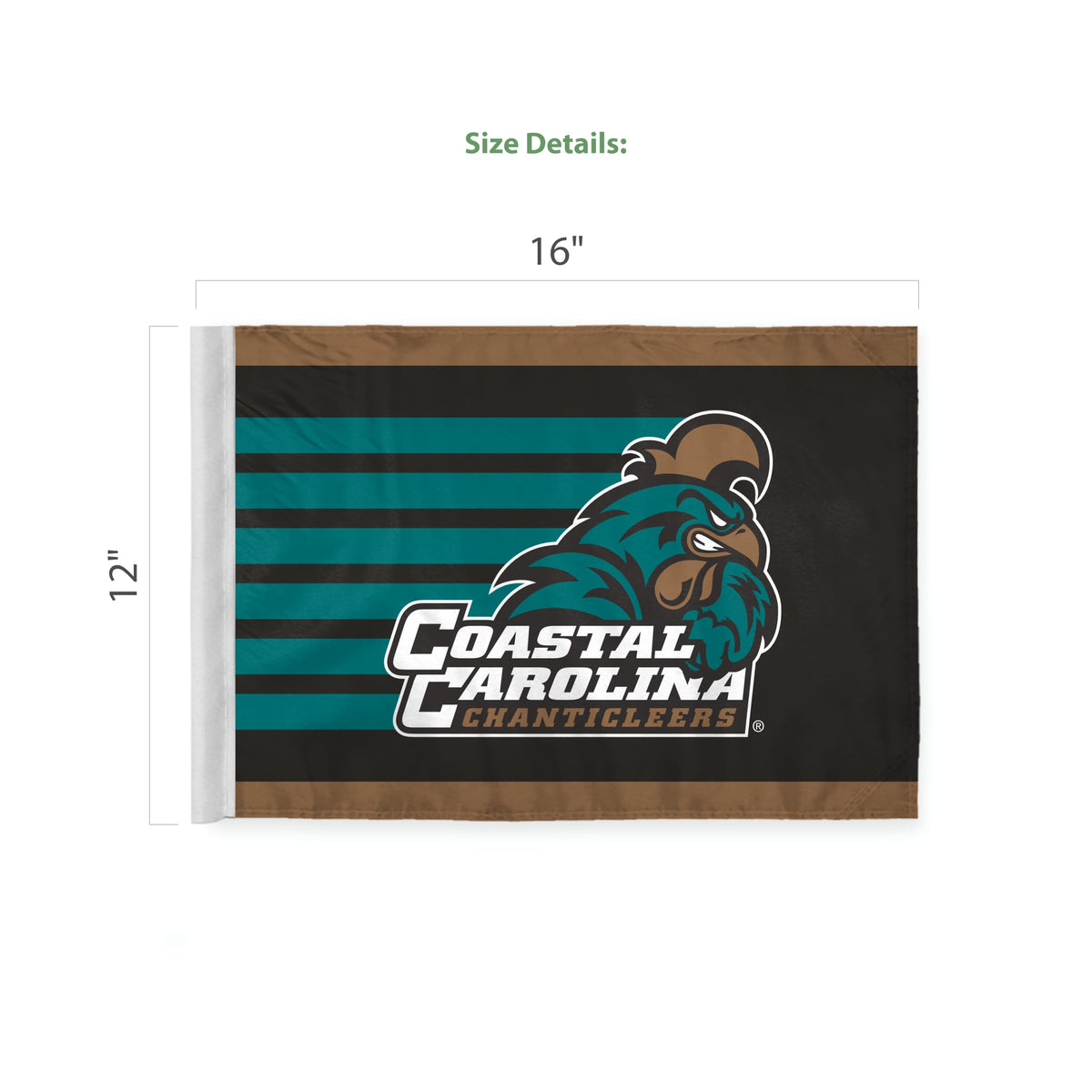 AGAS Coastal Carolina CCU University Logo Flag for Car 12x16 Inch, Licensed Chanticleers Car Window Flag - 17" Flex Pole, Single Reverse Printed Polyester