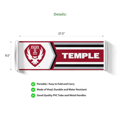 AGAS Temple Owls Text and Owl Logo Scroll Banner 9.5 x 27.5 inch – Single Sided Printed Vinyl 1 Ply – Officially Licensed NCAA Product – Temple Owls Roll Up Banner with PVC Tube and Handles