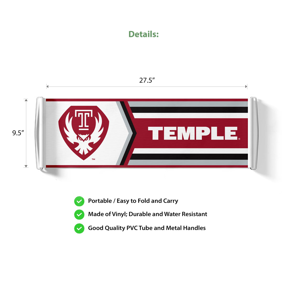 AGAS Temple Owls Text and Owl Logo Scroll Banner 9.5 x 27.5 inch – Single Sided Printed Vinyl 1 Ply – Officially Licensed NCAA Product – Temple Owls Roll Up Banner with PVC Tube and Handles