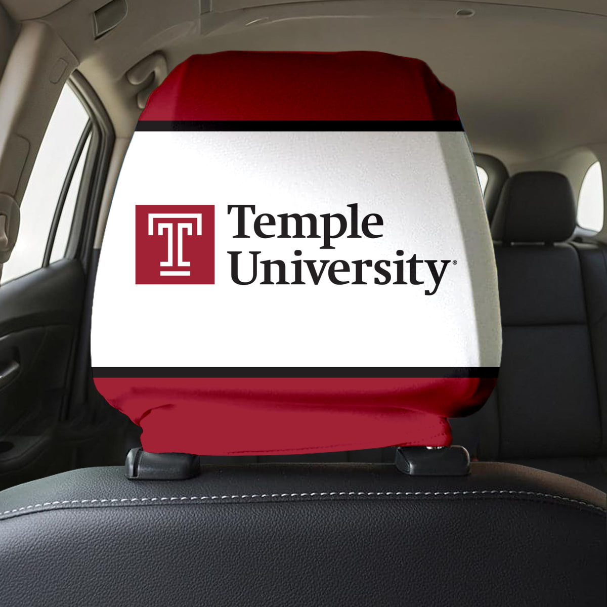 AGAS Temple University Wordmark and Block T Headrest Cover 9 x 10.5 inch – Spandex Poly 1 Ply Stretch Fit – Officially Licensed NCAA Product – Temple Owls Car Seat Headrest Cover with Elastic Band