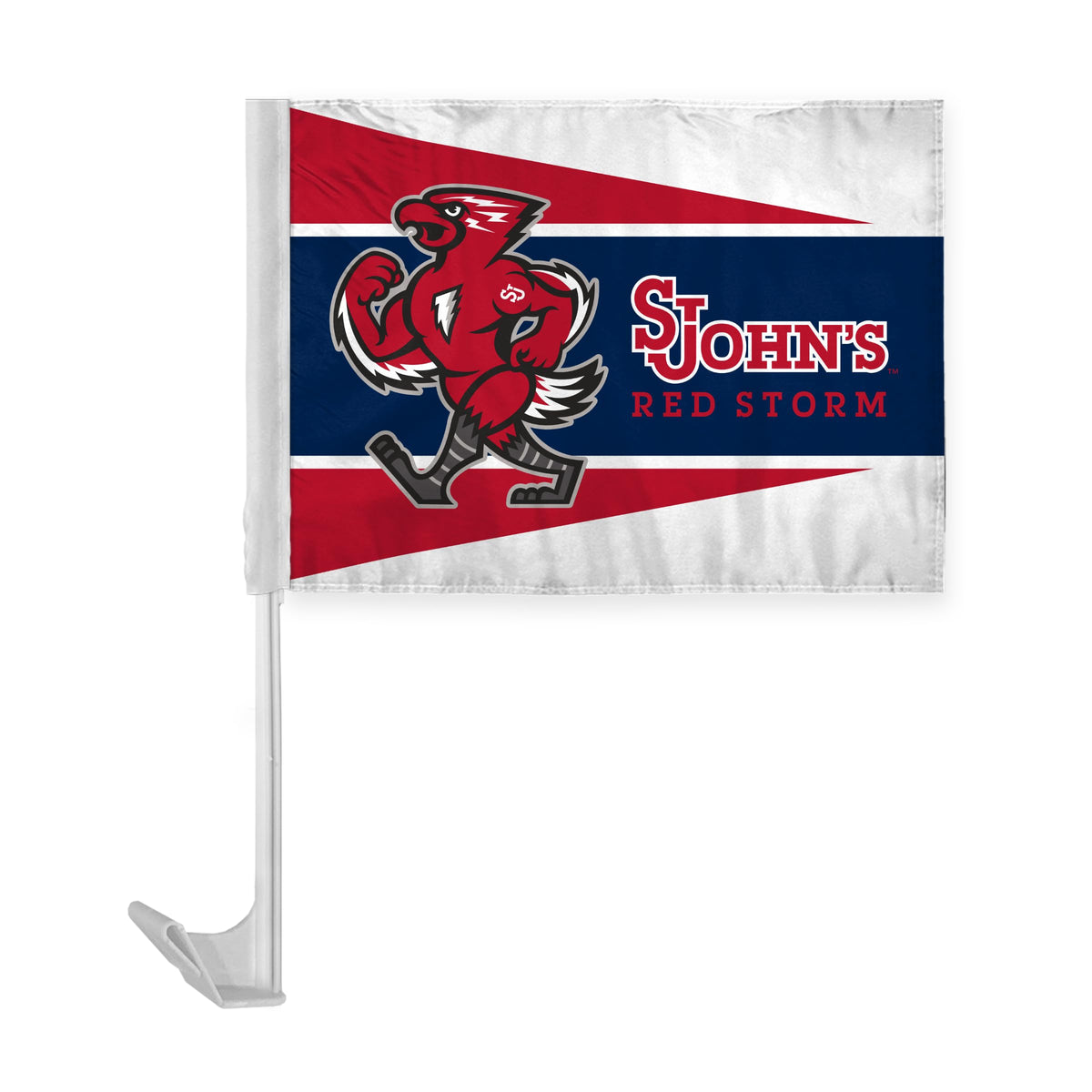 AGAS St. John’s University Economy Car Flag 12 x 16 inch – Single Sided Printed Polyester SJU Red Storm Mascot Design – Official NCAA Red Storm Car Flag – Vehicle Mount with 17 inch Flex Pole and Closed Top Sleeve