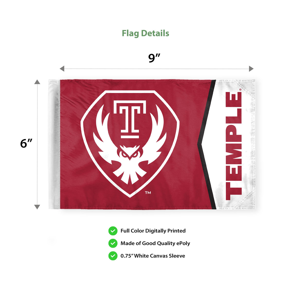 AGAS Temple Owls Logo and Temple Text Motorcycle Flag 6 x 9 inch – Single Sided Printed Polyester with Bleed Through – Officially Licensed NCAA Product – Temple University Bike Flag with 0.75 inch Canvas Sleeve and Reinforced Stitching – No Pole Included