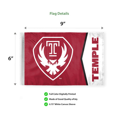 AGAS Temple Owls Logo and Temple Text Motorcycle Flag 6 x 9 inch – Single Sided Printed Polyester with Bleed Through – Officially Licensed NCAA Product – Temple University Bike Flag with 0.75 inch Canvas Sleeve and Reinforced Stitching – No Pole Incl