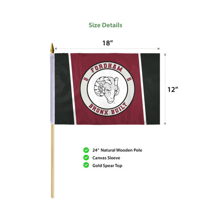 AGAS Fordham University Stick Flag 12 x 18 inch – Single Sided Printed Polyester Fordham Rams Flag Bronx Built Design – Official NCAA Product – Fordham University Hand Flag with 24 inch Wood Pole and Gold Spear Top