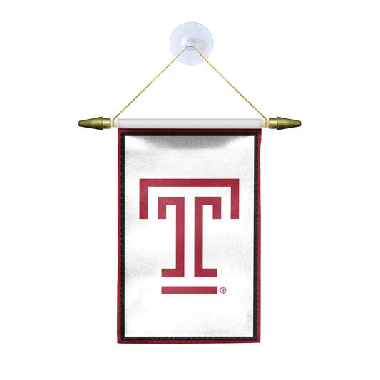 AGAS Temple University T Logo Mini Banner 4 x 6 inch – Single Sided Printed Satin – Officially Licensed NCAA Product – Temple Owls Hanging Banner with Cross Bar, Hanging Cord and Suction Cup Individually Bagged