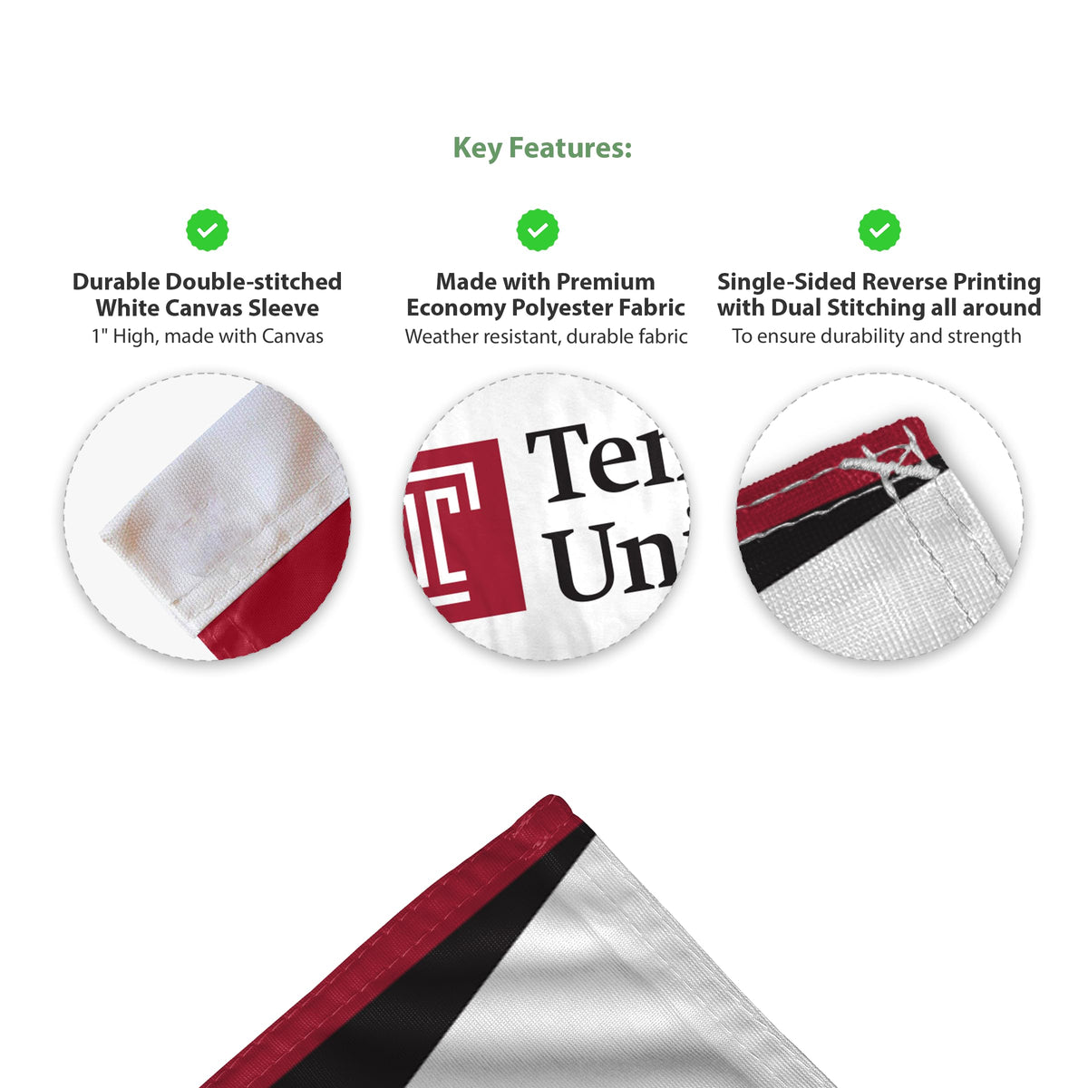 AGAS Temple University Wordmark Premium Car Flag 10.5 x 15 inch – Single Sided Printed Wrap Knitted Polyester with Bleed Through – Officially Licensed NCAA Product – Temple Owls Vehicle Flag with 19 inch Stiff Pole and 1 inch Sleeve